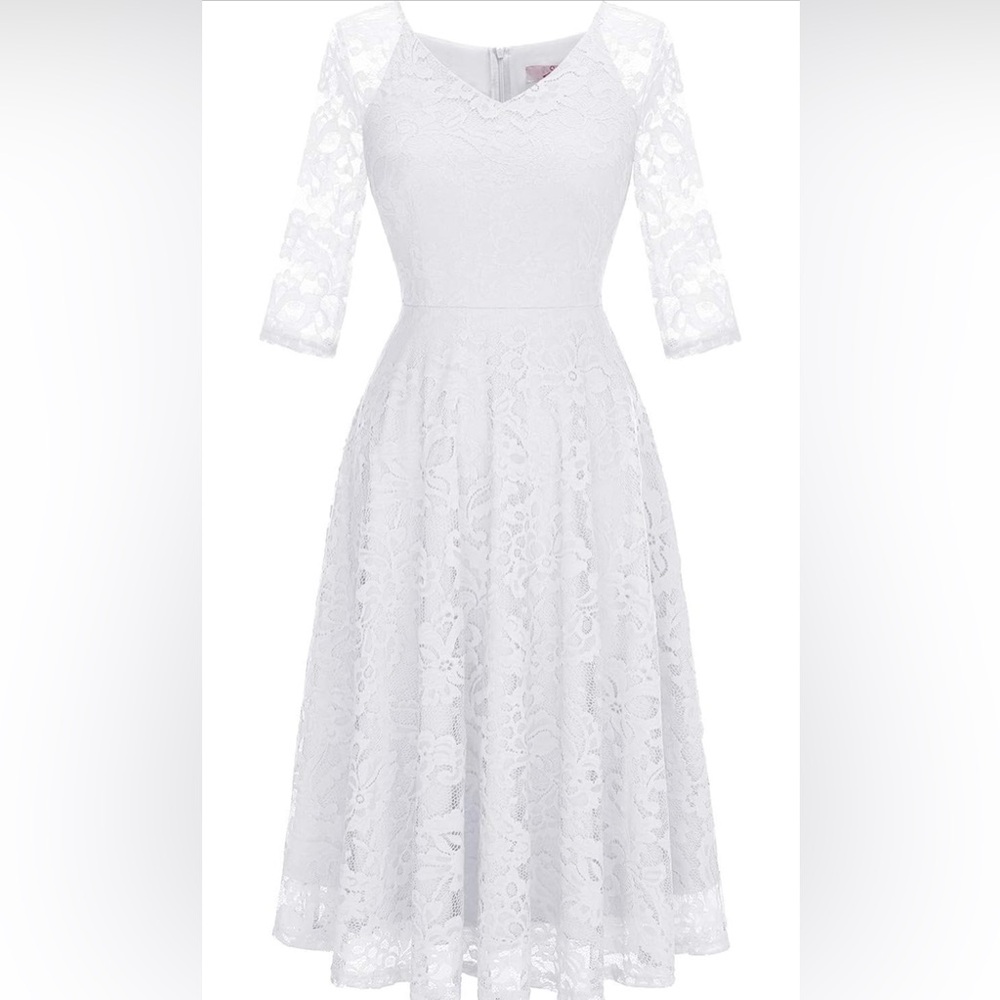 Vintage and elegant lace dress, V-neck, 3/4 sleeves, tea length dresses, Size S